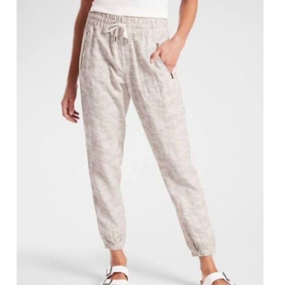 Athleta Tide Linen Jogger Pants Neutral Beige Camo Print Size 2